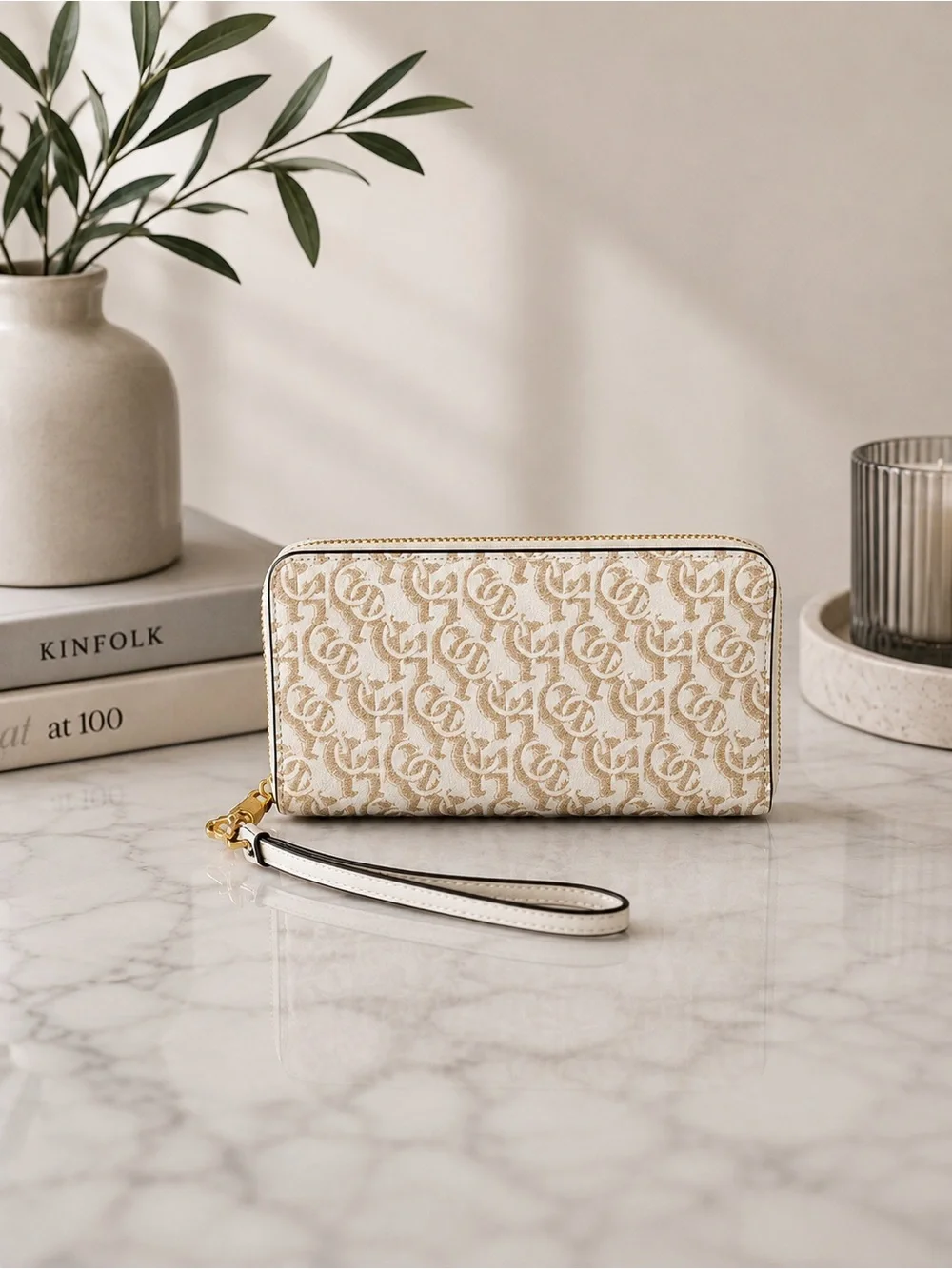 Coach Signature Canvas Zip Around Wristlet Wallet White NWT